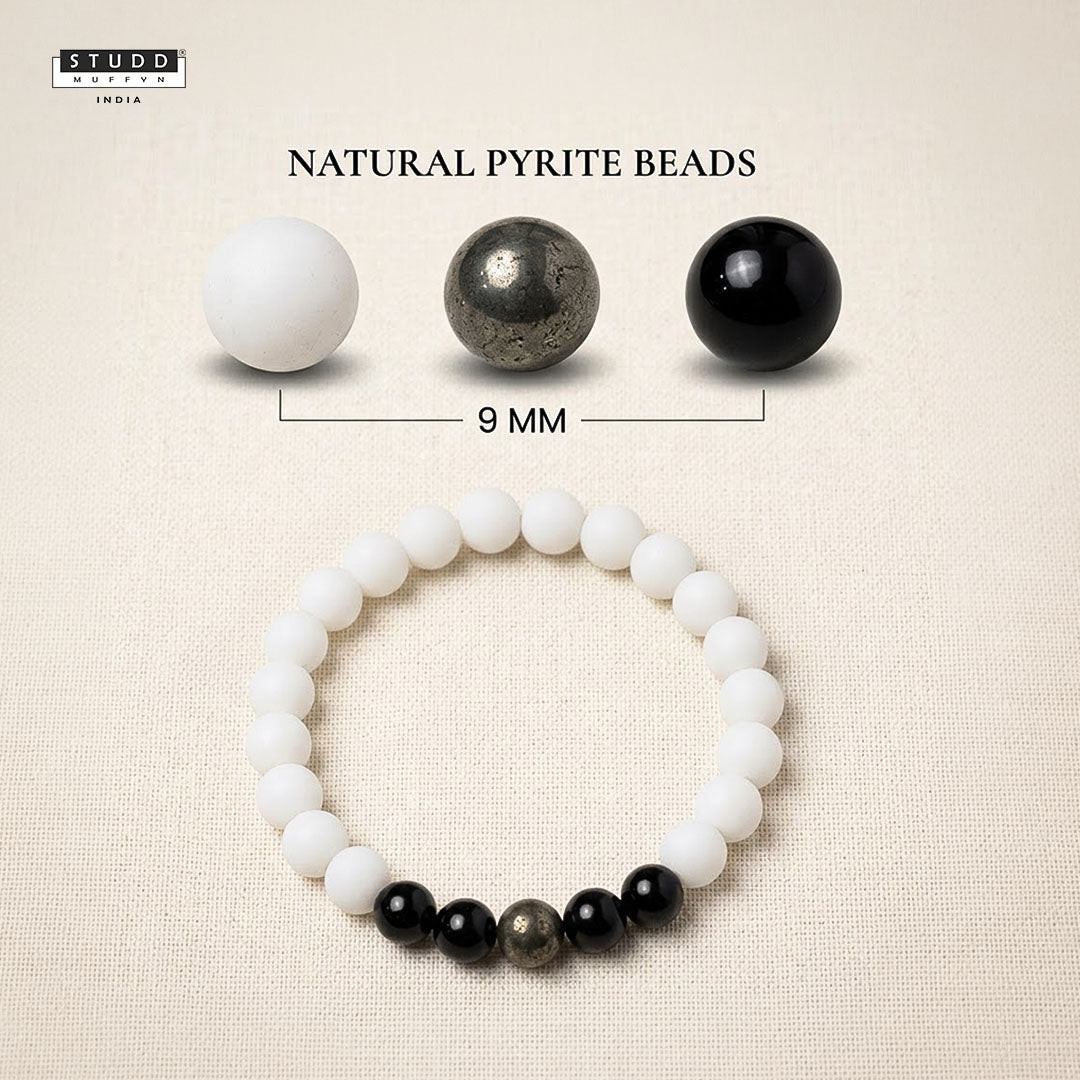 Richie Rich White Bead Bracelet – Pyrite & Obsidian