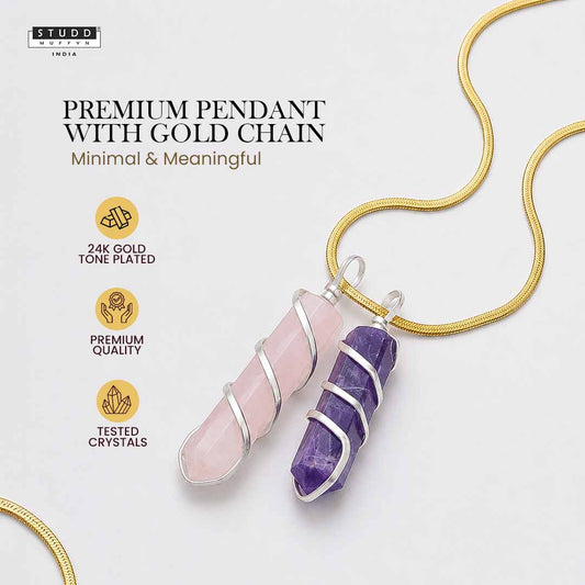 Amethyst and Rose Quartz Crystal Pencil Pendant with 18K Gold-tone Plated Chain