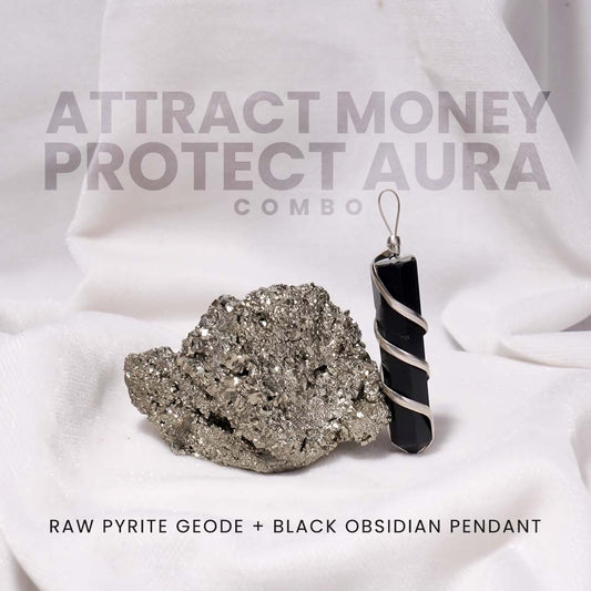 ATTRACT MONEY & PROTECT AURA (Raw Pyrite Stone & Black Obsidian Pendant (without chain)