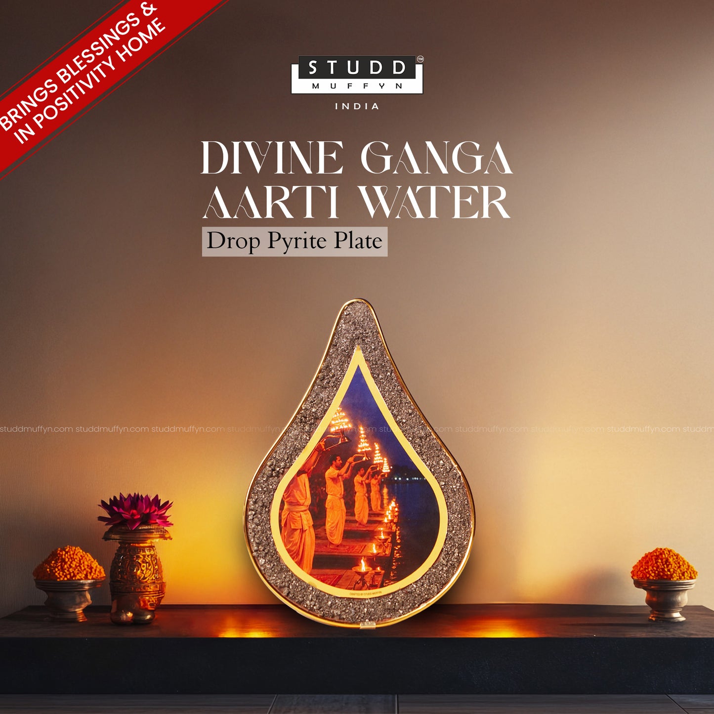 Divine Ganga Aarti Water-Drop Pyrite Plate