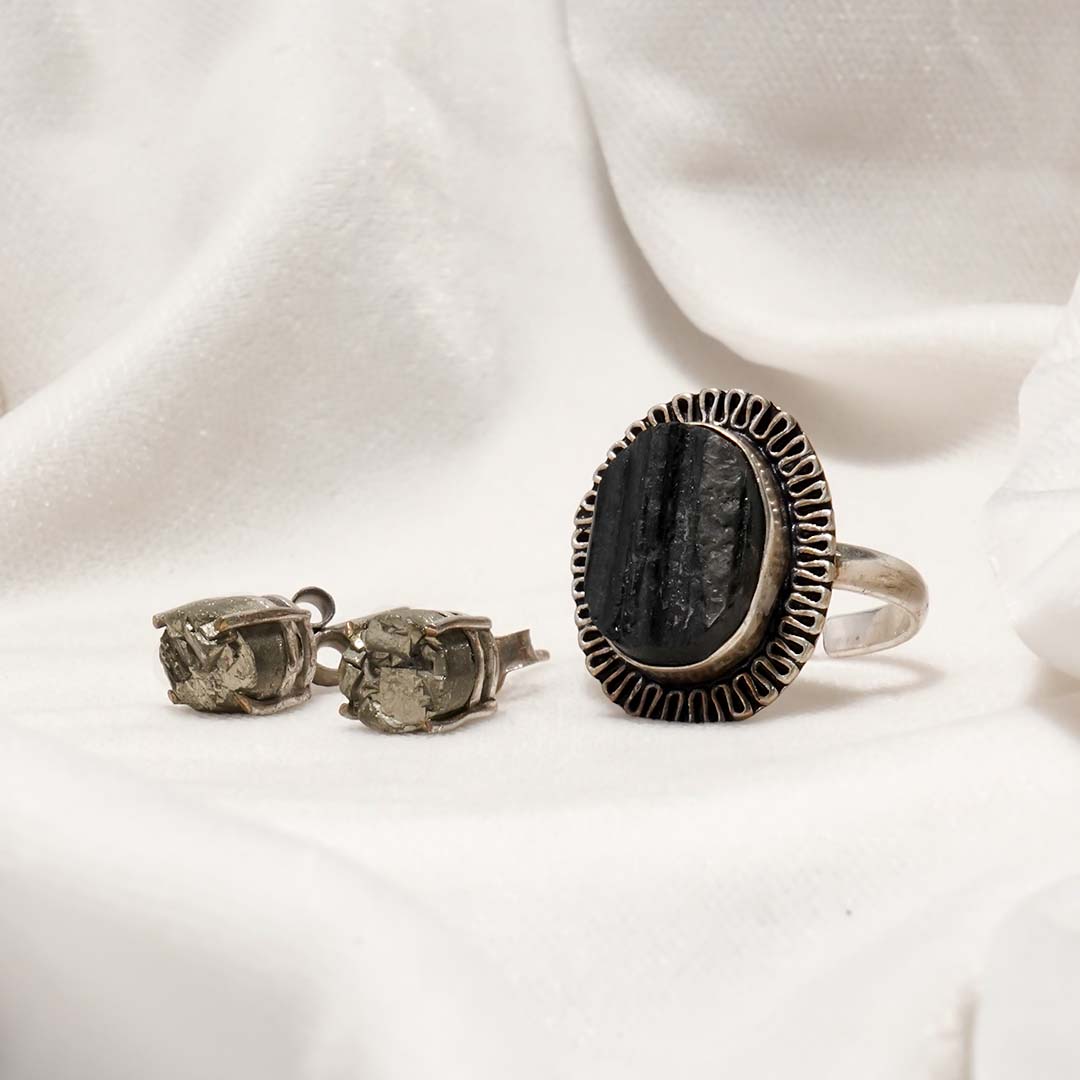 Gems Of Gratitude (Pyrite Stud Earrings + Black Tourmaline Ring)