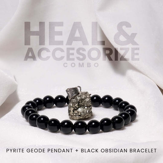 Heal & Accessorise ( Pyrite Geode Pendant (without chain) & Black Obsidian Bracelet )