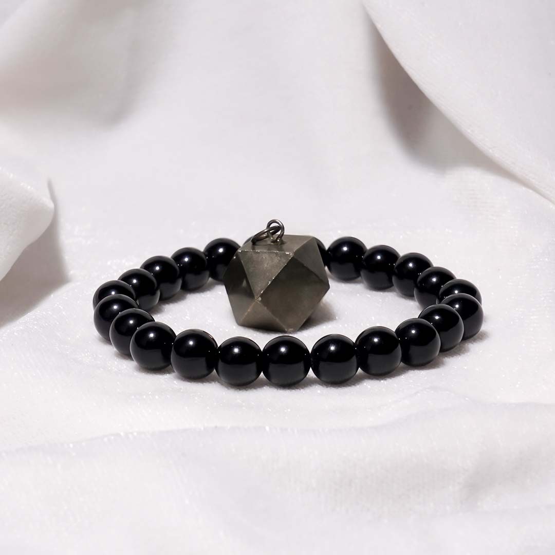 Magical Jewels ( Pyrite 3D Hexagonal Pendant (without chain) & Black Obsidian Bracelet )