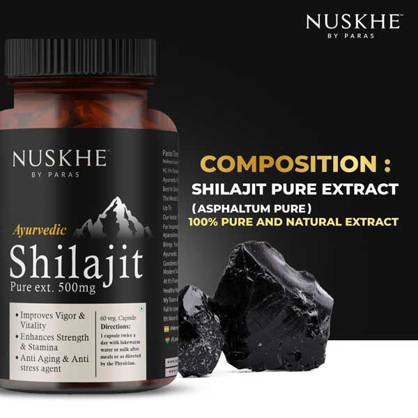 Nuskhe by Paras Ayurvedic Shilajit Pure Ext. | For Men & Women | 60 Veg Capsules - 500mg