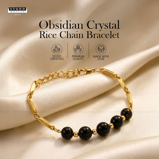 Obsidian Crystal 24K Gold-Toned Rice Chain Bracelet