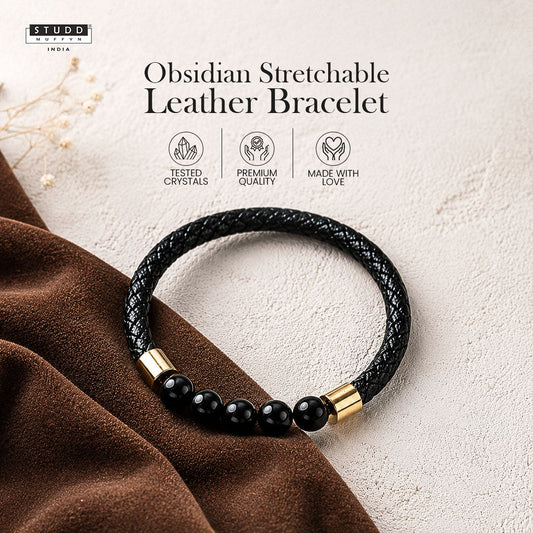 Obsidian Stretchable Leather Bracelet