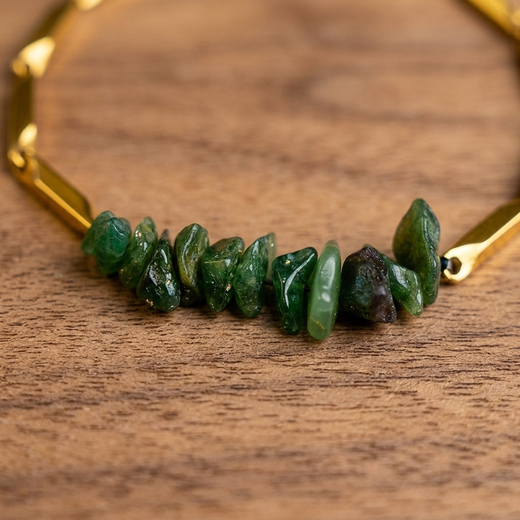 Alchemy Green Aventurine Crystal Rice Chain Bracelet โ 24K Gold Tone