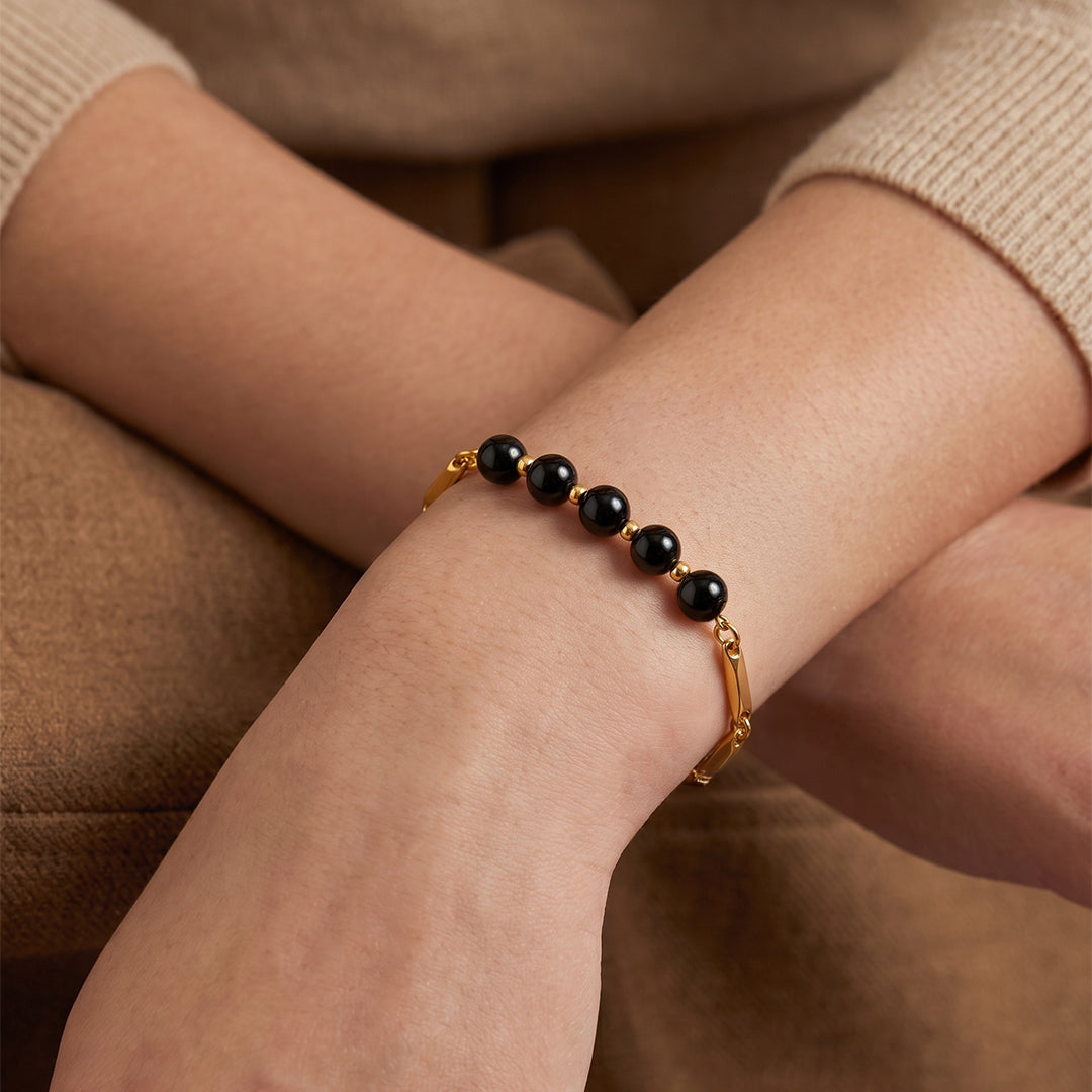 Obsidian Crystal 24K Gold-Toned Rice Chain Bracelet