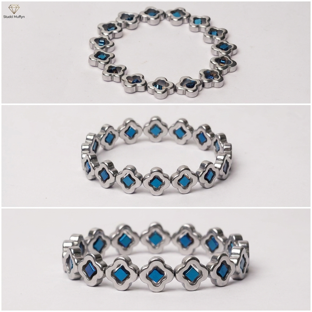Multi-angle clean catalog collage of the silver blue clover bracelet