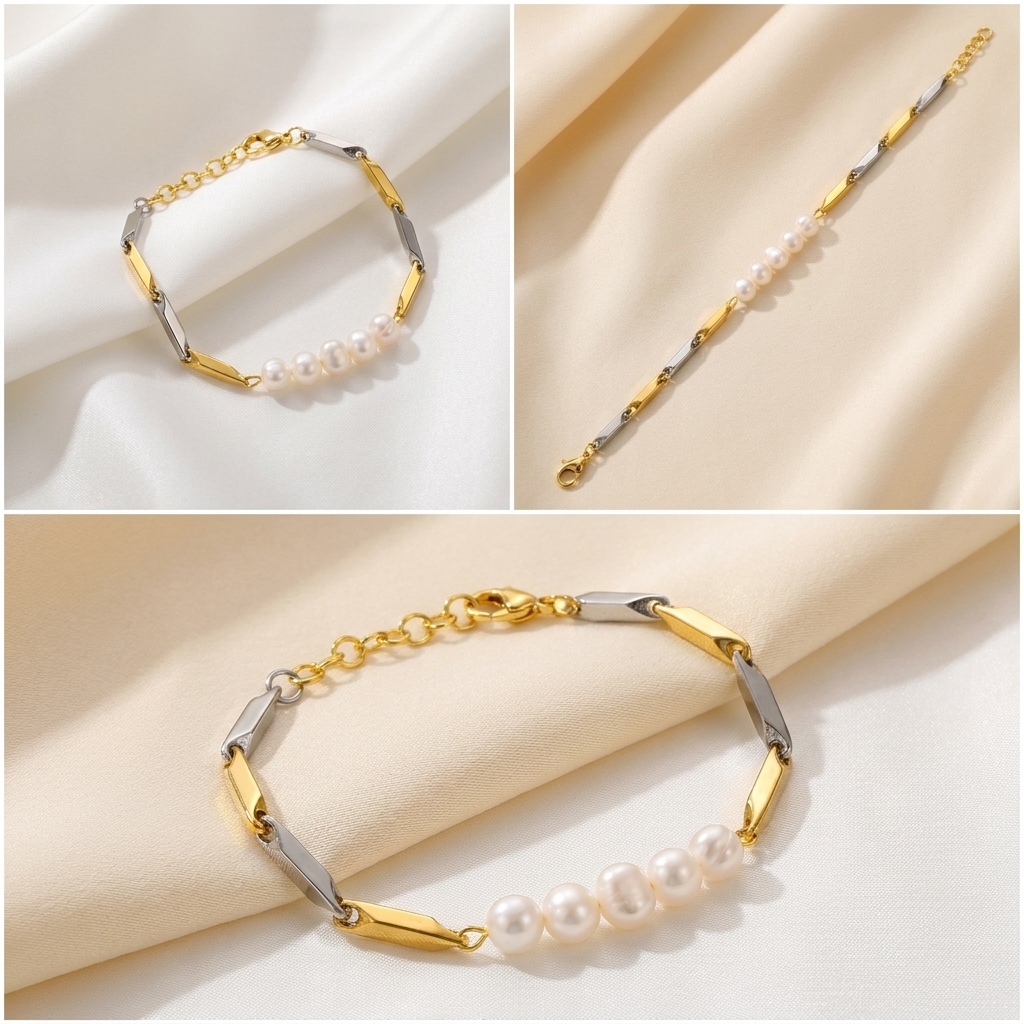 Premium multi-angle catalog collage of the pearl dual-tone rice chain bracelet
