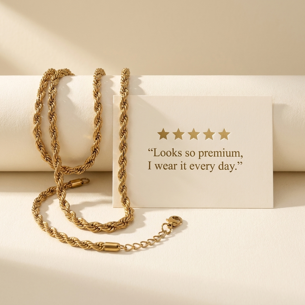 Five-star customer review card beside the gold-toned rope chain combo