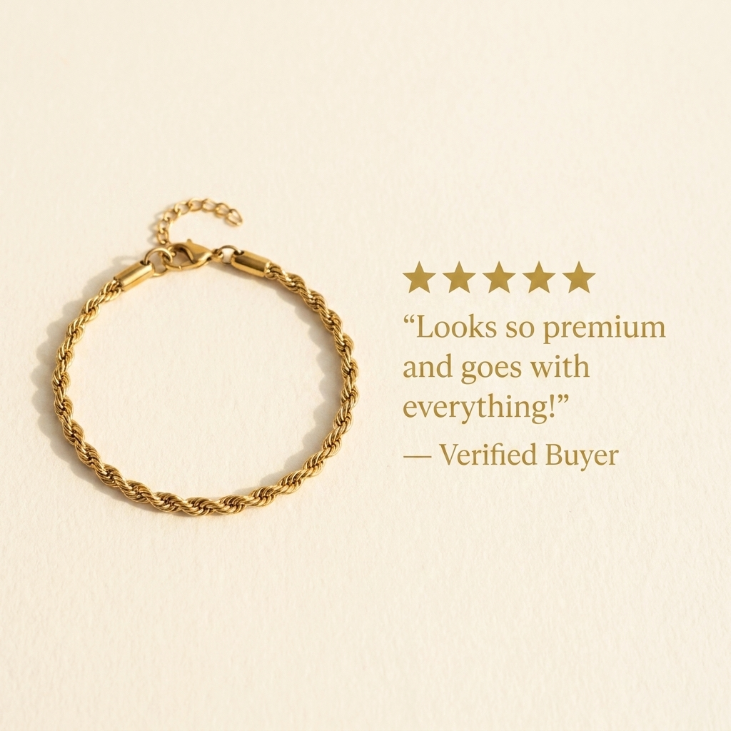 Five-star customer review card featuring the gold-toned rope chain bracelet