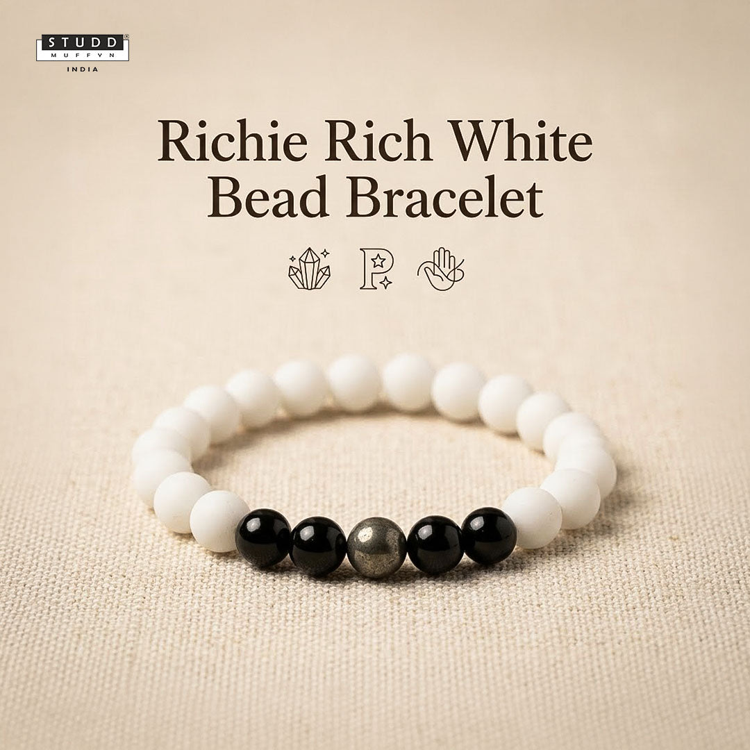 Richie Rich White Bead Bracelet – Pyrite & Obsidian