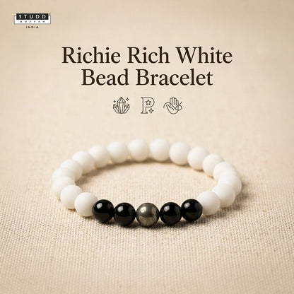 Richie Rich White Bead Bracelet – Pyrite & Obsidian