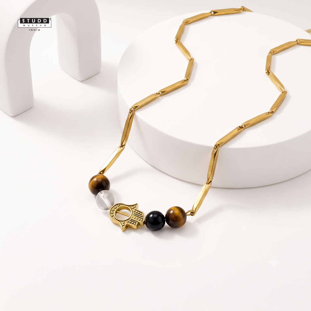 Protection Hamsa Crystal Gold Toned Rice Chain Necklace — Tiger Eye, Black Obsidian & Clear Quartz