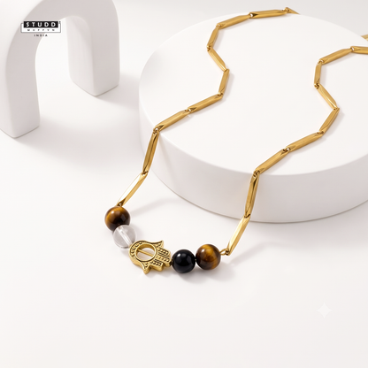Protection Hamsa Crystal Gold Toned Rice Chain Necklace — Tiger Eye, Black Obsidian & Clear Quartz