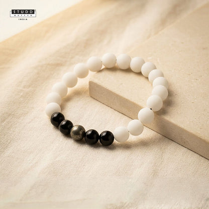 Richie Rich White Bead Bracelet – Pyrite & Obsidian
