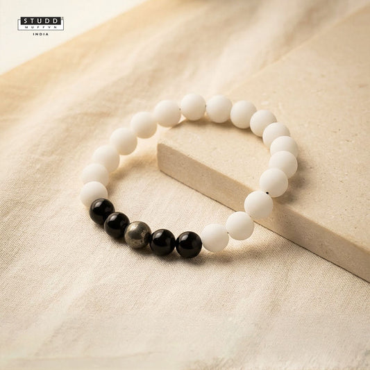 Richie Rich White Bead Bracelet – Pyrite & Obsidian