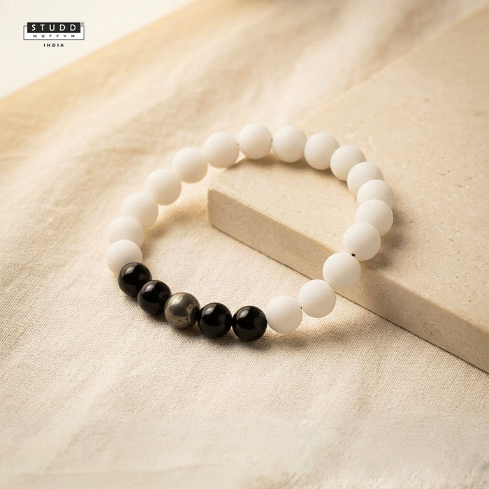 Richie Rich White Bead Bracelet – Pyrite & Obsidian