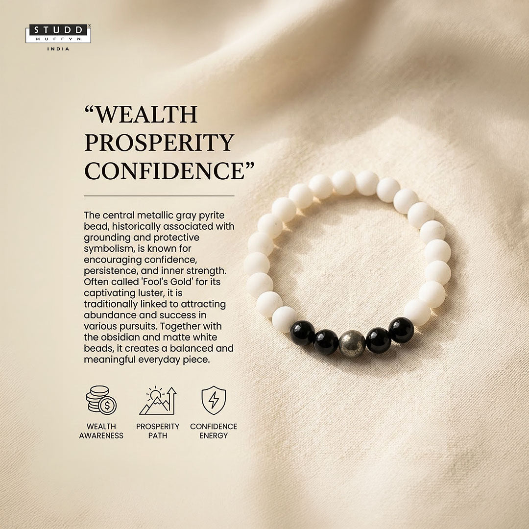 Richie Rich White Bead Bracelet – Pyrite & Obsidian