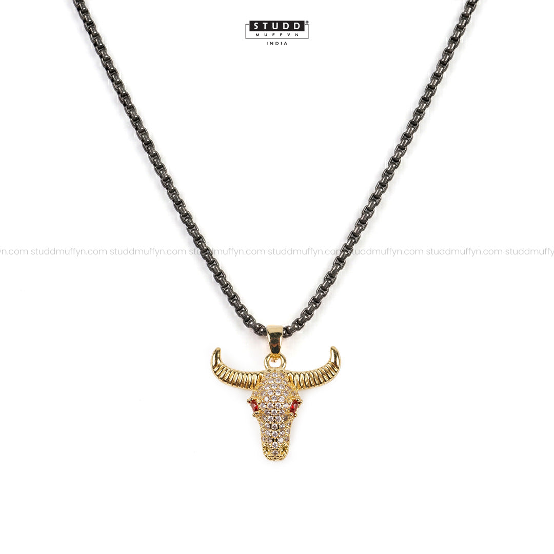 Guardian Bull Pendant - 24k Gold Tone Plated [ Black Chain ]