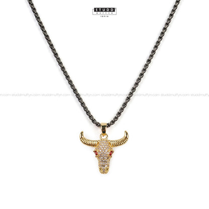 Guardian Bull Pendant - 24k Gold Tone Plated [ Black Chain ]