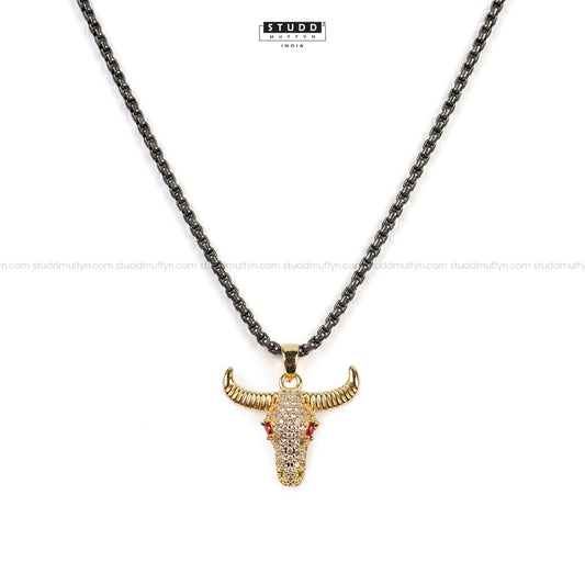 Guardian Bull Pendant - 24k Gold Tone Plated [ Black Chain ]