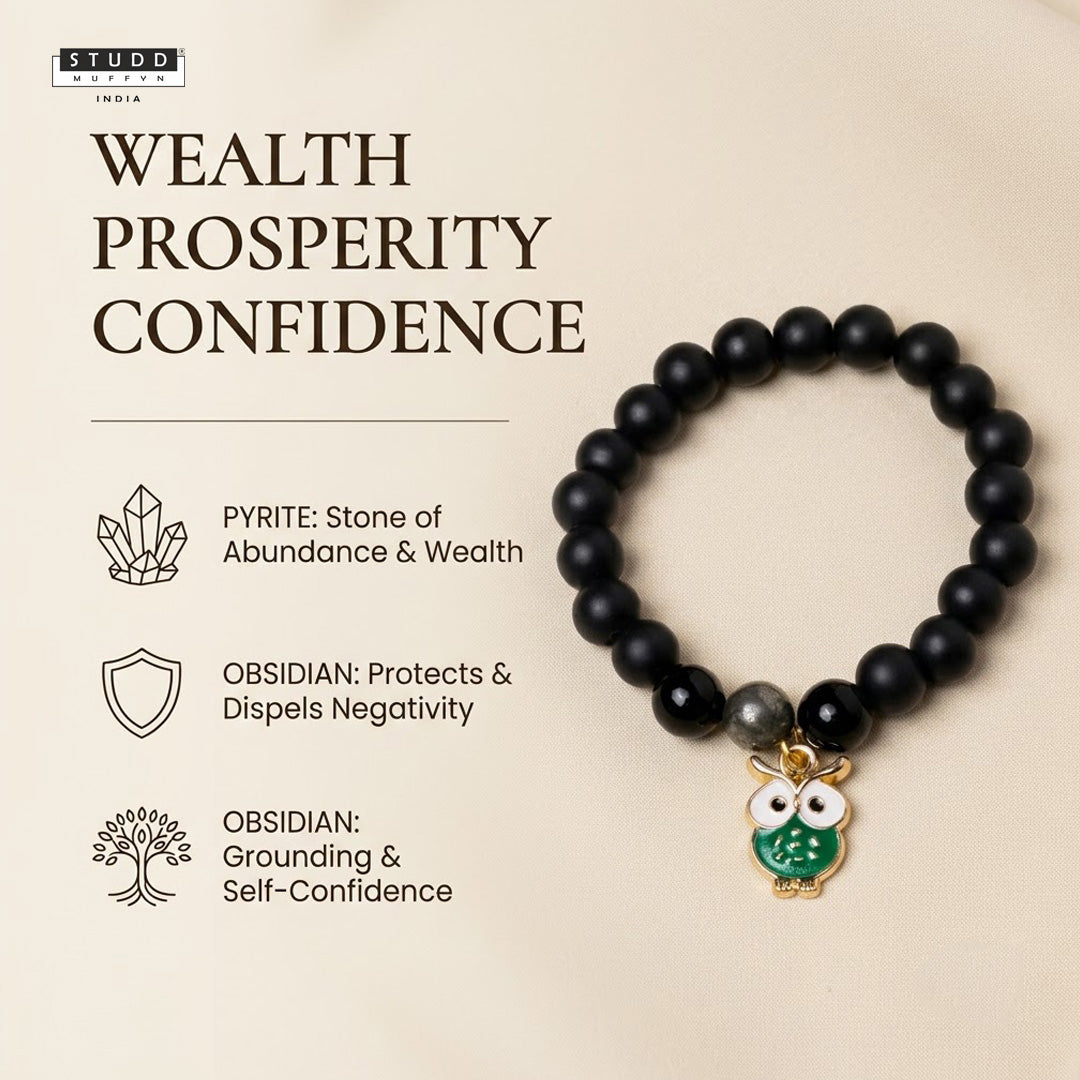 Richie Rich Black Bead Green Owl Charm Bracelet