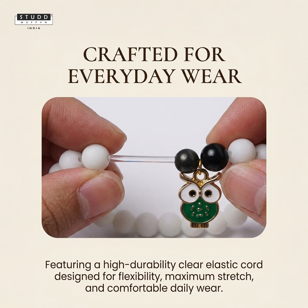 Richie Rich White Bead Green Owl Charm Bracelet