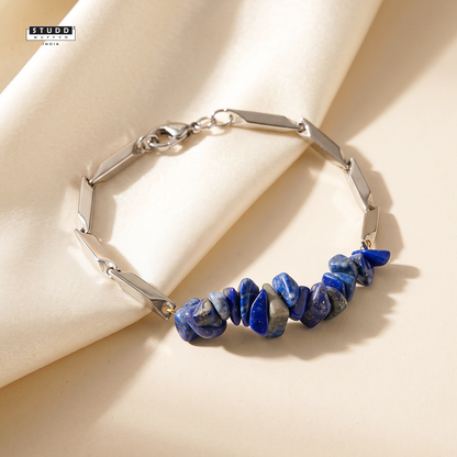 Alchemy Lapis Lazuli Crystal Silver Toned Rice Chain Bracelet