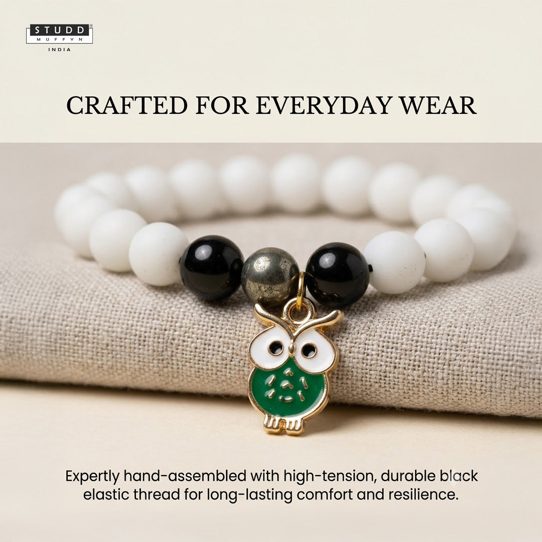Richie Rich White Bead Green Owl Charm Bracelet