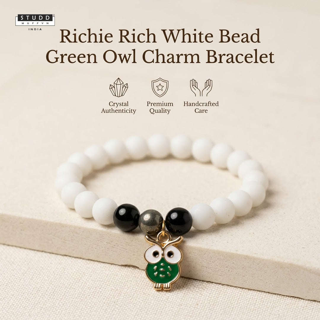 Richie Rich White Bead Green Owl Charm Bracelet