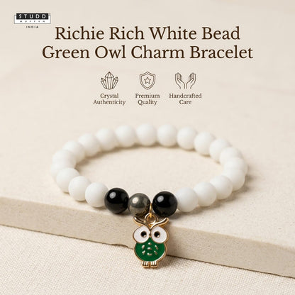 Richie Rich White Bead Green Owl Charm Bracelet