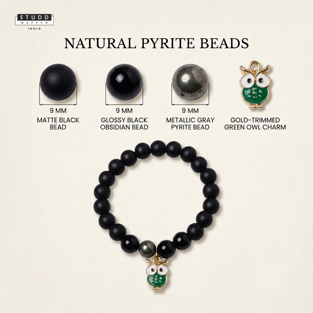 Richie Rich Black Bead Green Owl Charm Bracelet