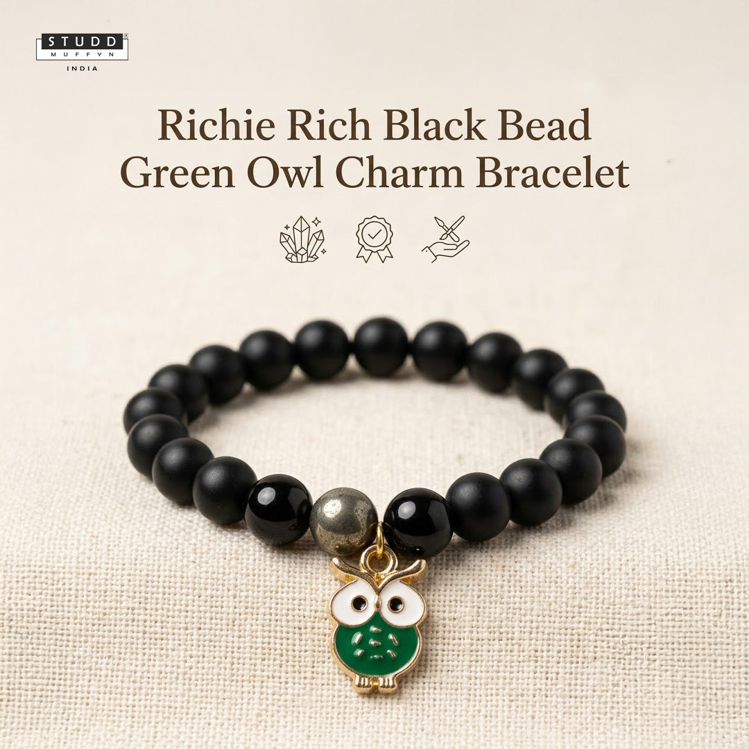Richie Rich Black Bead Green Owl Charm Bracelet