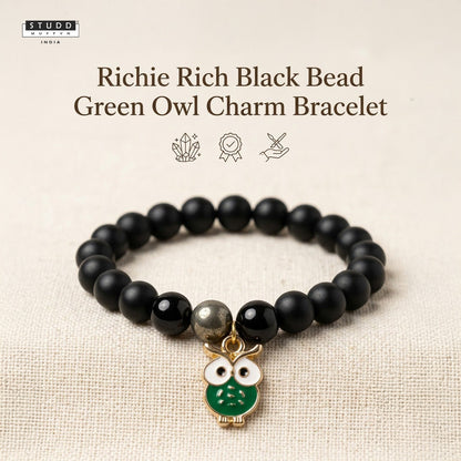 Richie Rich Black Bead Green Owl Charm Bracelet