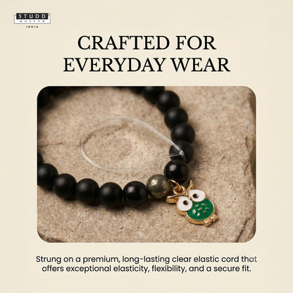 Richie Rich Black Bead Green Owl Charm Bracelet