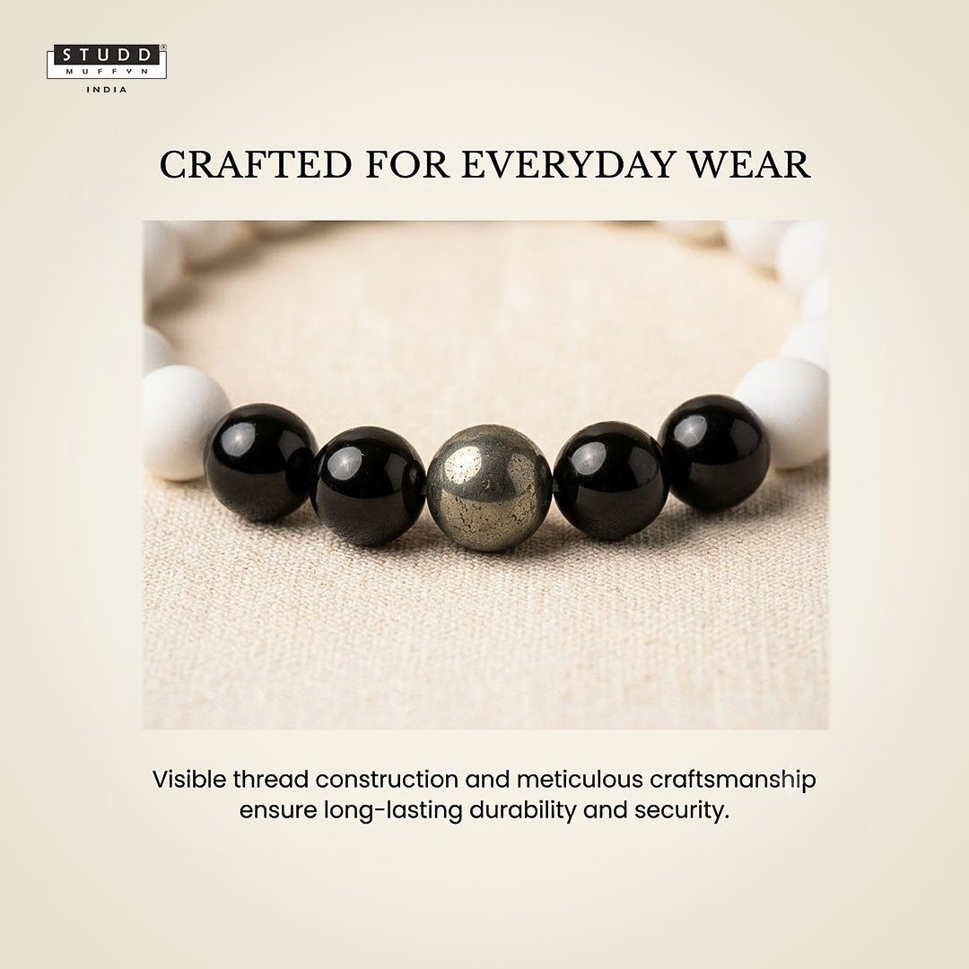 Richie Rich White Bead Bracelet – Pyrite & Obsidian