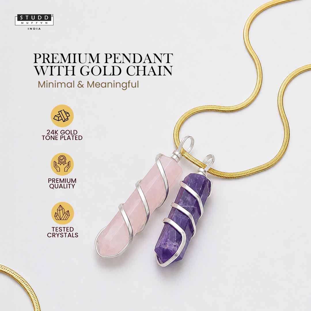 Amethyst and Rose Quartz Crystal Pencil Pendant with 18K Gold-tone Plated Chain