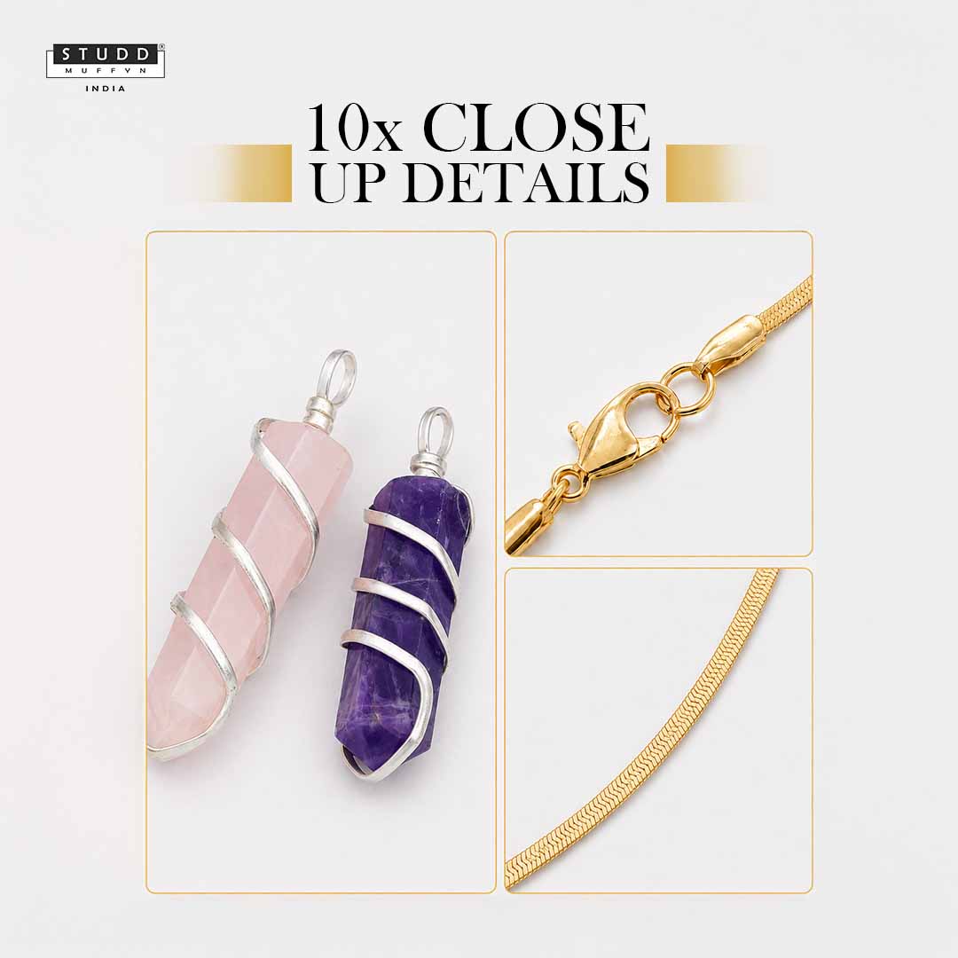 Amethyst and Rose Quartz Crystal Pencil Pendant with 18K Gold-tone Plated Chain