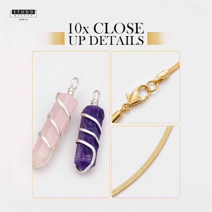 Amethyst and Rose Quartz Crystal Pencil Pendant with 18K Gold-tone Plated Chain