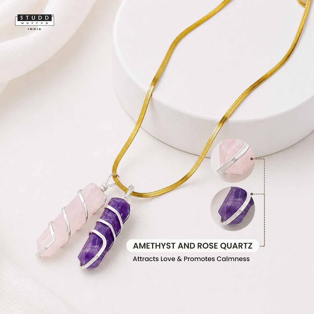 Amethyst and Rose Quartz Crystal Pencil Pendant with 18K Gold-tone Plated Chain
