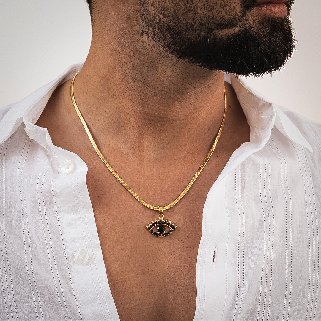 Black Evil Eye Pendant - 24K Gold Plated [ With Velore Snake Chain]