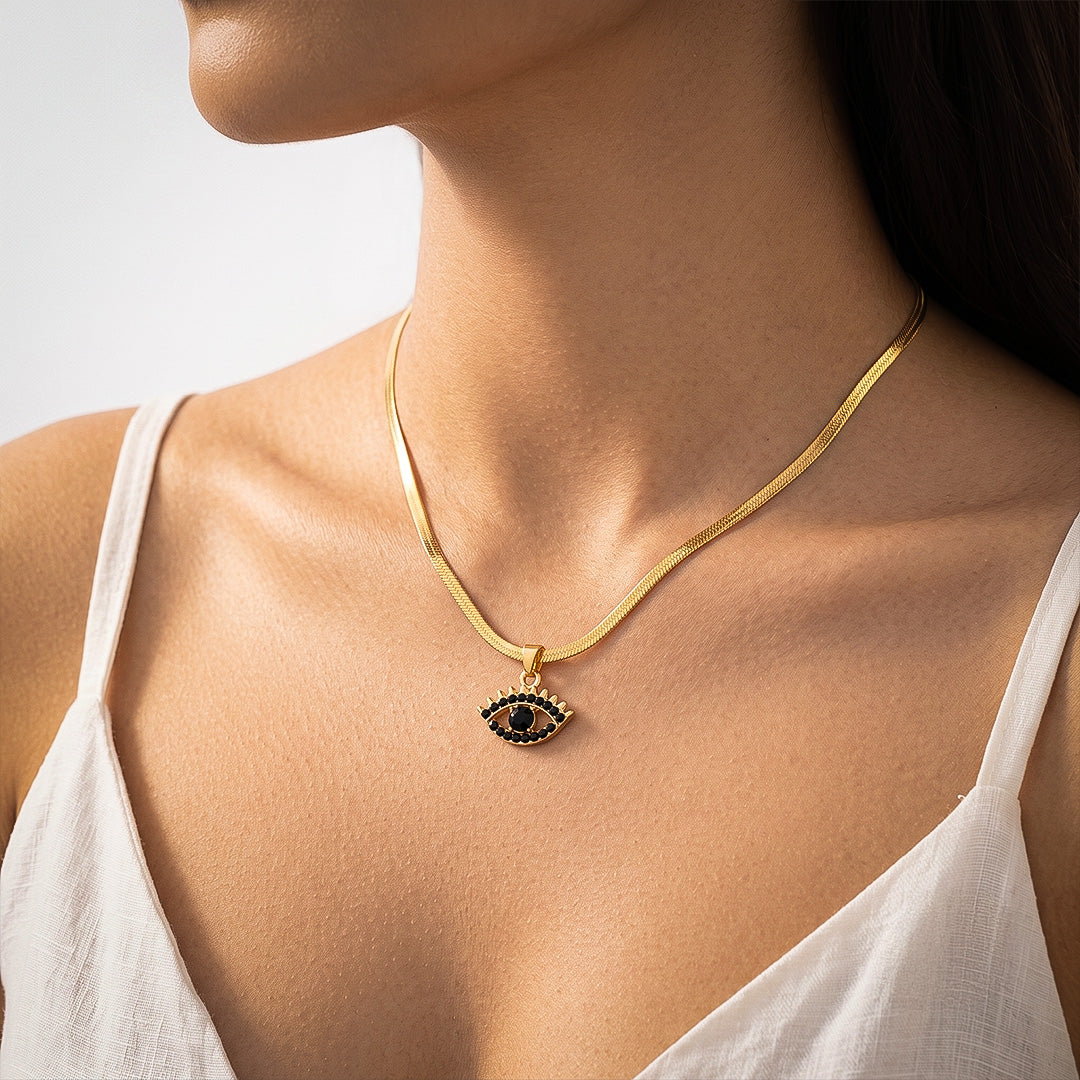 Black Evil Eye Pendant - 24K Gold Plated [ With Velore Snake Chain]