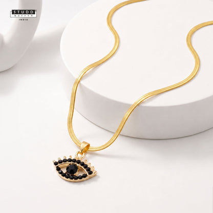 Black Evil Eye Pendant - 24K Gold Plated [ With Velore Snake Chain]