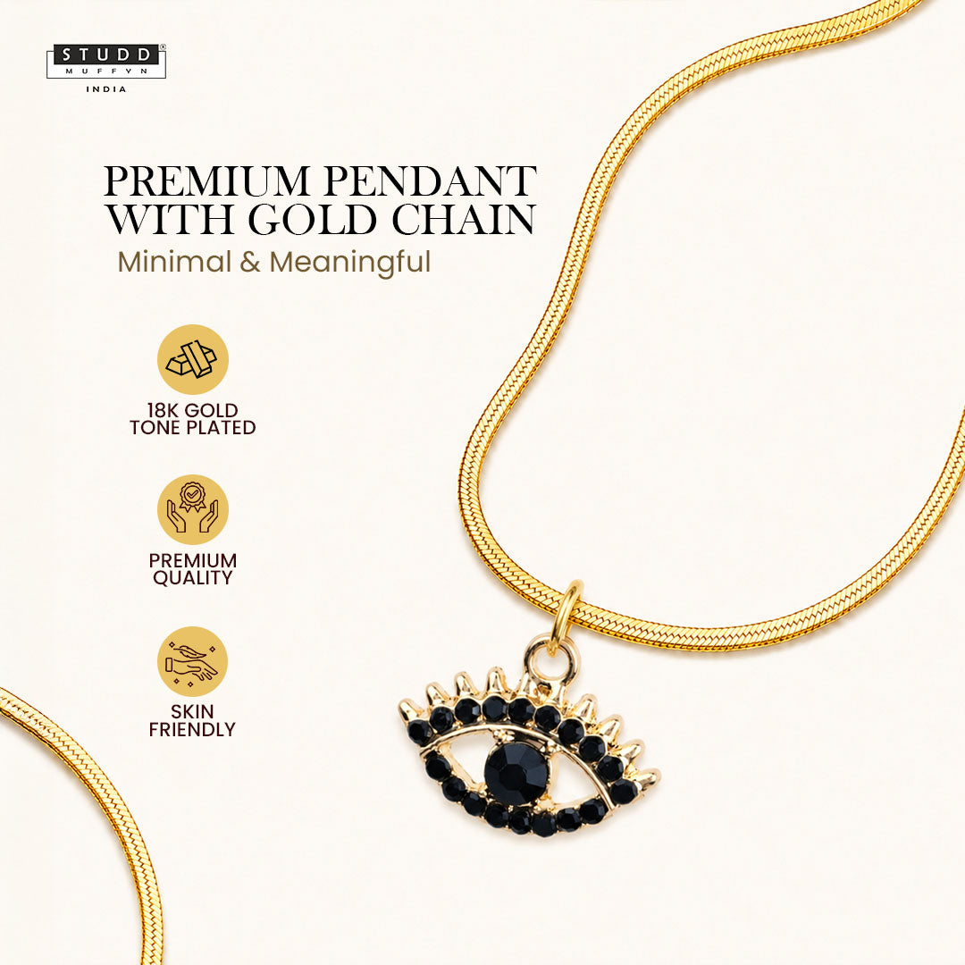 Black Evil Eye Pendant - 24K Gold Plated [ With Velore Snake Chain]