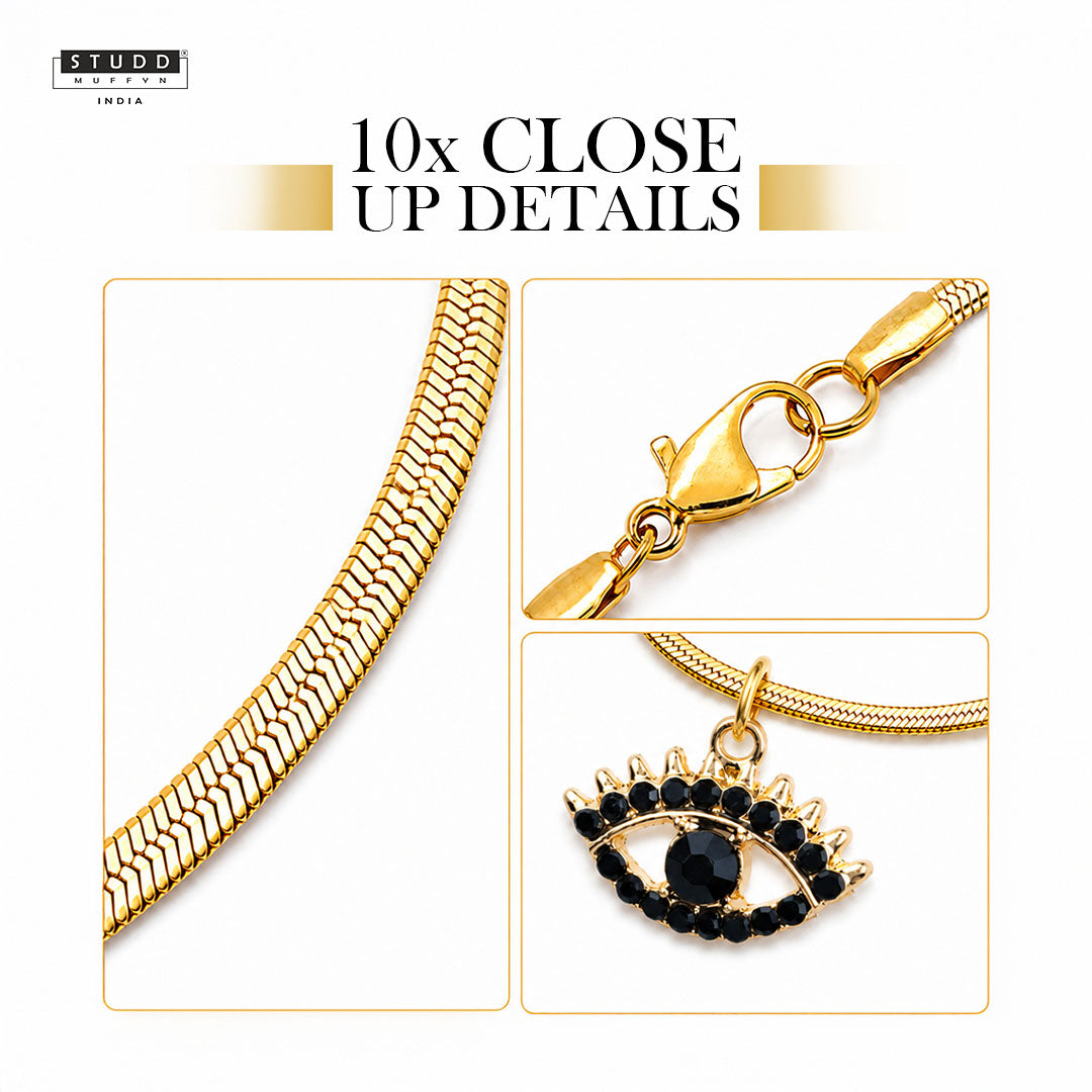 Black Evil Eye Pendant - 24K Gold Plated [ With Velore Snake Chain]