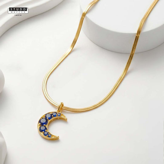 Blue Quartz Crescent Pendant  - 24K Gold Toned