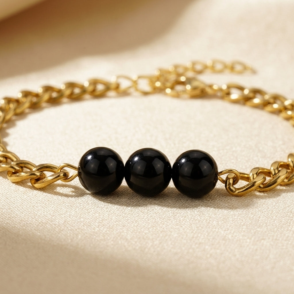 Obsidian Crystal Cuban Bracelet - 24k Gold Tone
