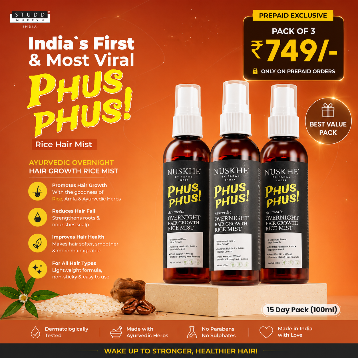 Ayurvedic Phus Phus Rice Hair Mist - Pack of 3